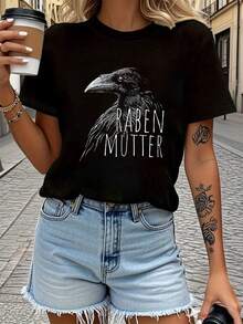 "RABEN MUTTER" alemán - Una camiseta de mujer de cuello redondo para primavera/verano con un estampado de cuervo estilo boceto realista.una camiseta estampada muy distintiva / estilo unisex / adecuada tanto para hombres como para mujeres / resistente a las arrugas / transpirable - Negro - Ver 1