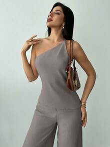 Nuevo conjunto de primavera/verano, elegante atuendo de vacaciones, blusa de lino asimétrico con cintura fruncida y espalda descubierta en color albaricoque y pantalones largos de cintura alta de 2 piezas de traje de lino - Gris - Ver 3