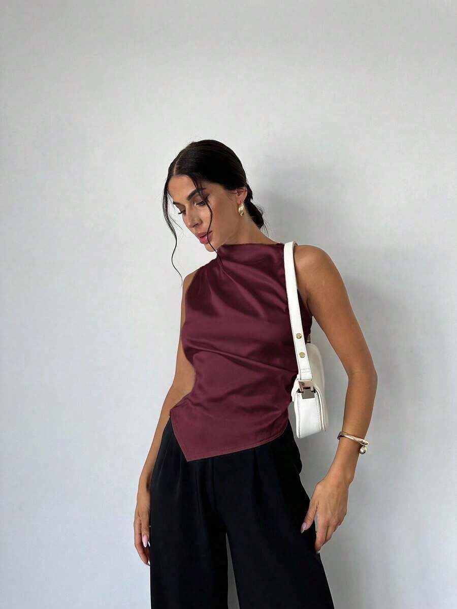 Blusa de satén con cuello plisado, sin mangas, elegante y sencilla, para oficina y negocios, con dobladillo puntiagudo, color marrón - Granada - Ver 1