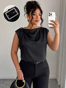 Camisa sin mangas de lino y algodón en beige con lazos en los hombros: informal para vacaciones, elegante para usar en la calle, adecuada para la oficina - Blusa talla grande para primavera y verano - Negro - Ver 6