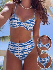 Swim Mod Bikini de 2 piezas con parte superior con aros y tirantes ajustables, y Bottom de tiro alto, con estampado floral ditsy en color fucsia, para vacaciones, Primavera/Verano 2026 - Multicolor 2 - Ver 6