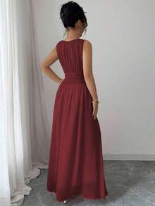 Vestido maxi casual, romántico, vintage y elegante de gasa para mujer con cordón en la cintura, para la playa, el té de la tarde, fiestas de noche, uso diario, sin mangas, de unicolor, vestido largo, primavera/verano - Burdeos - Ver 2