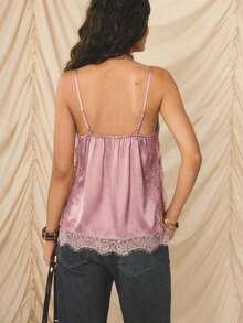 -E Elegante conjunto de vacaciones para mujer con top de tirantes finos, ajuste ceñido, de satén beige con ribete de encaje - Rosa - Ver 2