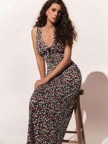 Vestido de verano con escote en V sin mangas con estampado floral diminuto para vacaciones en la playa - Rosa - Ver 9