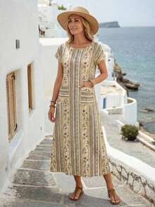 Vestido casual de mujer con estampado floral y manga corta, ideal para vacaciones de verano - Multicolor 3 - Ver 4