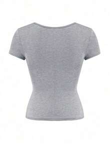 Camiseta de manga corta ajustada y sexy con cuello cuadrado de punto de unicolor para mujer Vaiaye, top de activewear para primavera/verano, adecuado para el Día de San Valentín en color rojo casual - flor gris - Ver 4