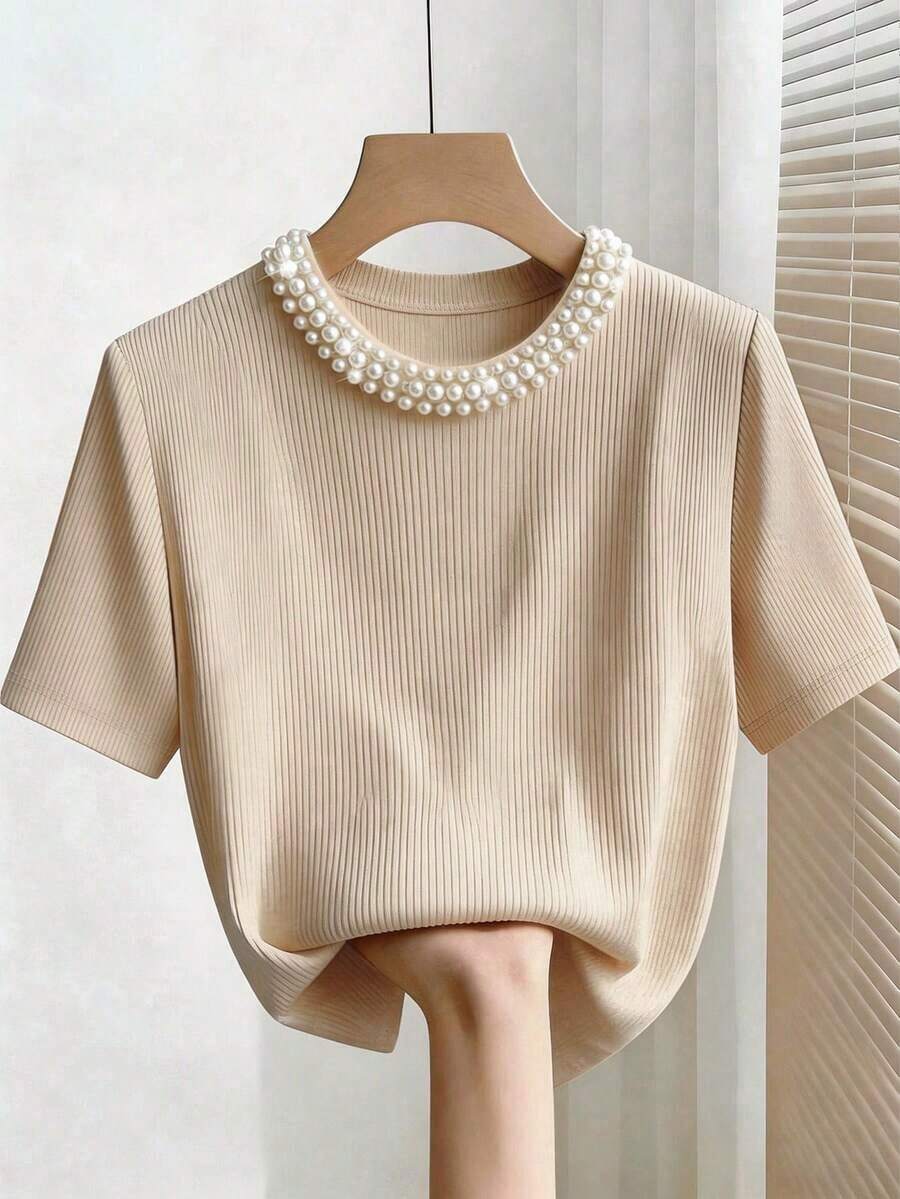Camiseta de manga corta con cuello redondo ajustado, con cuentas y acanalada, elegante para mujeres - Albaricoque - Ver 1