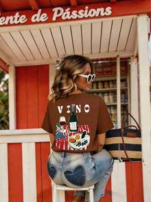 DrmWander Camiseta de mujer, camiseta de manga corta con gráfico de estilo casual de calle, top de verano lindo - Marrón - Ver 5