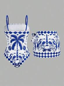 Swim Oasis 1 pieza Traje de baño de una pieza con estampado de palmeras tropicales azul y blanco para mujer, elegante y casual para cubrir en la playa y vacaciones - Azul y blanco - Ver 2