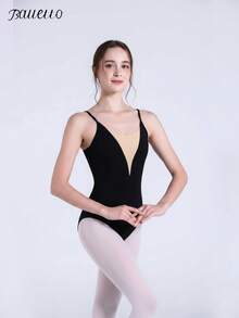 balletto 女款成人芭蕾舞連身衣，深V領拼接體操瑜伽運動連身衣，黑色秋季款 - 黑色 - 查看 4