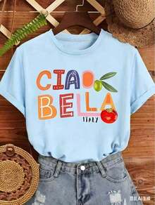 Conjunto Familiar con Estampado de Letras Coloridas "CIAO BELLA ITALY", Cómodo, Suave, Transpirable, para Otoño e Invierno, Nueva Moda Retro para Mujer, Versátil para el Día a Día, Primavera, Verano - Azul - Ver 5