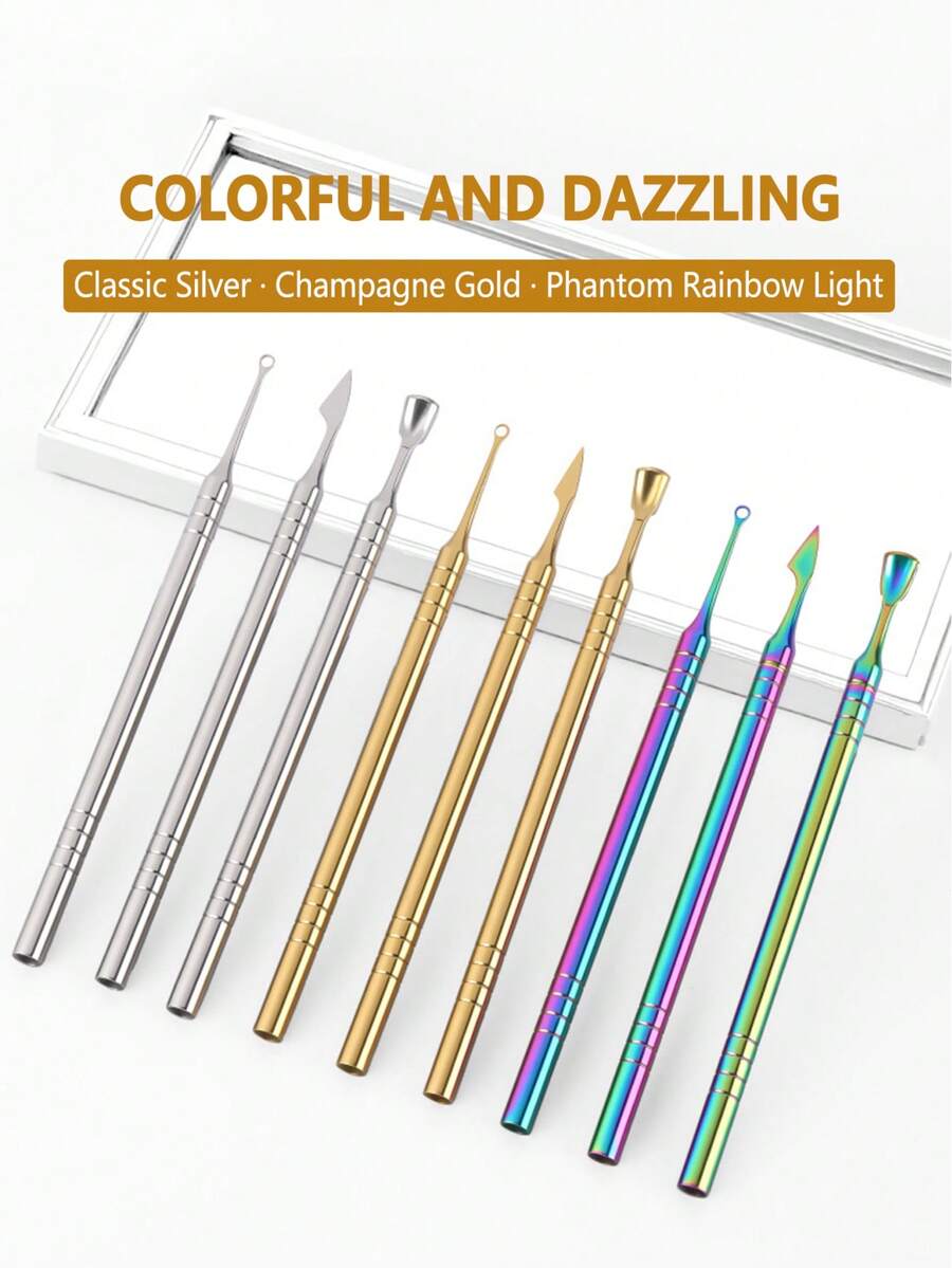 3pcs Stainless Steel Dual-Head Cuticle Pusher & Remover, With 6pcs Nail Buffing Stones, Professional Manicure Tools - Multicolor - View 1