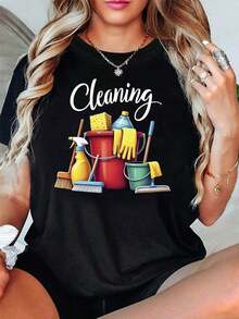 Camiseta de Limpieza para Mujer |     Decoración con Herramientas y Frases de Limpieza, Manga Corta Casual, Rojo-Amarillo-Azul, Top Divertido para el Trabajo, Limpieza Diaria y el HogarSuitable for spring, summer and autumneurmuse - Negro - Ver 7