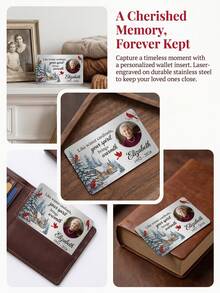 1PC Custom Memorial Aluminum Wallet Insert Card, Personalized Photo & Text Sympathy Keepsake, Custom Name & Date Memory Card, Winter Cardinal Snow Scene Design, Lightweight Aluminum, Slim Wallet-Sized, Scratch-Resistant - Silver - View 4