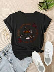 Women's Casual Short-Sleeve T-Shirt - "Coffee And Friends Make The Best Mix", Crew Neck, Summer Top, Machine Washable, Ladies' T-Shirts, Casual Wear, Modern Style, Comfortable Fit

-White - 黑色 - 查看 2