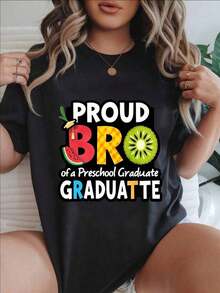 Women's Casual Short Sleeve T-Shirt - Proud Sibling Of A Preschool Graduate, Crew Neck, Summer Top, Machine Washable, Ladies' T-Shirts, Casual Wear, Modern Style, Comfortable Fit

-White - 黑色 - 查看 7