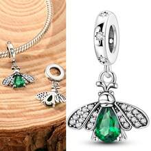 1Pc Silver Color Bee Dangle Charm For Women Bead Green Teardrop Fits European Bracelets Nature Spring Style Perfect Giftable For Bee Insect Lovers - Silver - View 7