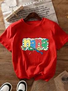 1pc Graphic T-Shirts 100%, Colorful 'Mother Wind' Print T-Shirts, We Wear Blue For Autism Awareness In April, Autism Care T-Shirts, Summer T-Shirts, Gifts For Easter And Mother's Day 100% Cotton Pure Cotton Printed T-Shirt For Women 100% Cotton - 紅色 - 查看 6