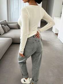 Get Rich A New Summer Women's Vacation Wear, Women's Summer Clothing, Women's Tops, Women's T-Shirt, Beige V-Neck Lace Long Sleeve T-Shirt, Lace Patchwork Design Slim Fit Casual Daily Layering Piece, Lace Trim Slim Fit Long Sleeve Top, Vacation Elegant Beach Chic - Beige - View 9