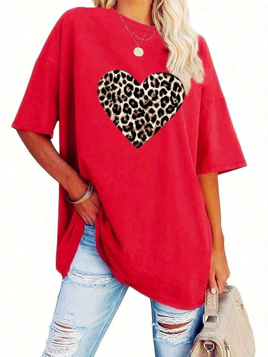 1 pieza [Camiseta Deportiva] Talla Grande, Estampado de San Valentín, Manga Corta, Cuello Redondo, Estilo Casual, para Verano y Primavera, Ropa de Talla Grande para Mujer |     Corte relajado |     Talla grande 100% algodónropa de calor mujer - Rojo - Ver 1
