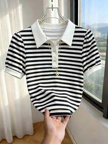 Camiseta casual romántica de unicolor y elegante estilo de ciudad para mujeres - Blanco y Negro 3 - Ver 7