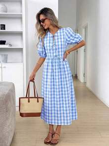 Vestido casual de fiesta a media pierna con cordones y pliegues de mujer a cuadros - Azul y blanco - Ver 7