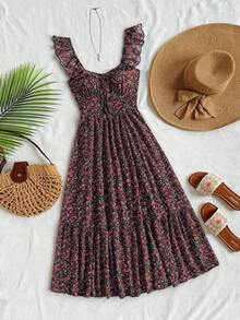 Vestido midi de línea A con cintura fruncida y escote en V, estilo vacacional para mujer.Vestido de línea A con volantes en las mangas tipo campana, de gasa, vestido de verano, adecuado para uso en bodas románticas y almuerzos - Multicolor 2 - Ver 6