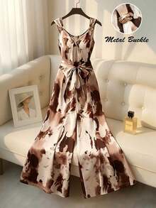 Nuevo vestido de satén con efecto de tinte de tinta para el verano: Escote cruzado en V + Tirantes con hebilla metálica + Diseño de cordón en la cintura, Tela brillante y lujosa que estiliza y favorece, Adecuado para citas, vacaciones, ir al trabajo, Estampado vintage de estilo chino + Falda maxi fluida, Mono elegante de alta calidad adecuado para todo tipo de Body - Café integral - Ver 12