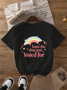 Camiseta estampada con temática del Día de las Elecciones, top casual de manga corta y cuello redondo, ropa de mujer para primavera/verano - Tela ligera y suave - Blanco - Ver 7