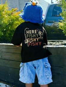 小男孩 HereFishyFishy 印花 T-shirt，舒適面料，適合戶外、日常、校園穿著，春夏百搭上衣 - 黑色 - 查看 4