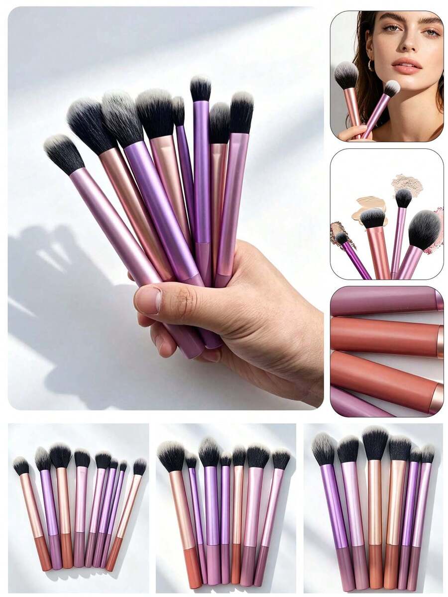 8/7/6件套 - 多功能化妆刷套装，一套完整的化妆工具，专业化妆刷，彩色化妆刷套装，亮面手柄化妆刷，男女通用，包含散粉刷、腮红刷、粉底刷、眼影刷、晕染刷、高光刷、轮廓刷，采用柔软纤维材质，方便携带，夏季必备，返校季好物，非常适合旅行、送礼和赠品。