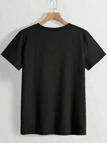 Camiseta de Mujer - Estampada, Cuello Redondo, Adecuada para Todas las Temporadas, Top Casual Elegante para Fiestas, a la Moda, Entrega Local.Tops de algodón de verano, elegantes y cómodos, perfectos para fiestas informales y como esenciales de verano. 100% algodón. - Negro - Ver 4