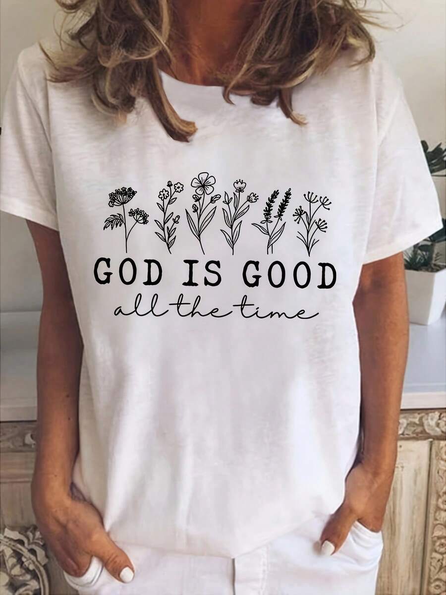 Camiseta Casual de Mujer con Estampado Floral y "DIOS ES BUENO TODO EL TIEMPO" - Suave, Transpirable, Corte Relajado con Manga Corta y Cuello Redondo para Verano, Descanso, Exteriores, Trabajo & Reuniones, Camisas para Damas, Ropa Lavable a M£quina, Tejido Duradero