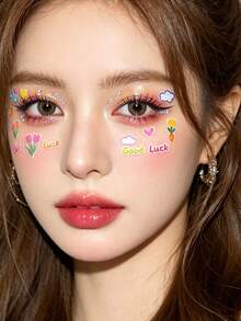 Energetic Sweet Girl Face Decor Set, Glue-Free Tulip & Heart Stickers + Multi-Size Rhinestone Set, Self-Painted Graffiti + High Gloss Effect, Suitable For Face, Eyes, Neck And Nails Decor, Applicable For Fandom Makeup, Music Festivals, Subculture Styles, Creating Energetic Young Girl Makeup Look - Multicolor - View 4