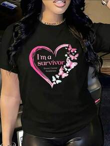 Playera Oversize Mujer "I'm a Survivor" - Negra con Estampado de Concienciación Contra el Cáncer de Mama ZCZM - Negro - Ver 3