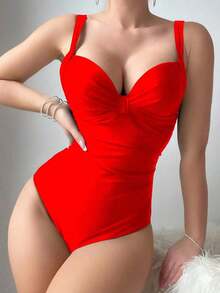 Swim Mujeres elegante traje de baño de una pieza de unicolor con copas acolchadas con realce - Rojo - Ver 9