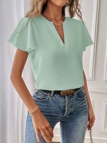 Camisa de mujer de unicolor con escote en V entallado y manga corta, informal y adecuada para el trabajo, blusas de manga corta - verde menta - Ver 3