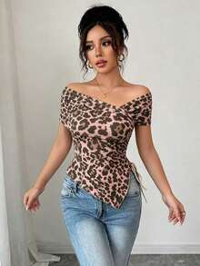 Camiseta de manga corta casual y sin hombros para mujer, de verano - Marrón - Ver 6