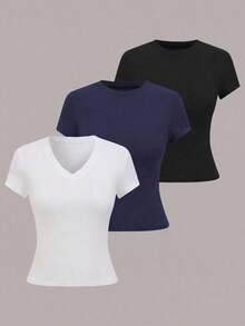 1 pieza Camiseta de manga corta informal de unicolor para mujer - Multicolor 16 - Ver 7