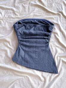 Blusa ajustada con diseño arrugado, abertura lateral y bajo asimétrico en textura azul para vacaciones de mujer - Azul - Ver 2