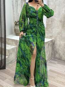 Long Pleated Dress With Long Sleeves, Casual Style For Autumn And Winter - Green - View 3