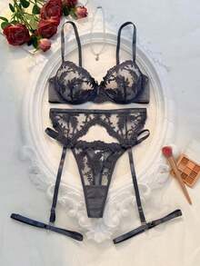 5pcs Women's Sheer Embroidered Mesh Underwire Lingerie Set - Grey - View 7