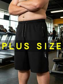 Plus Size Men's 7-Inch Sports Shorts, Black Baggy Pants, Zipper Pockets, Elastic Waist & Lightning Print, Summer Casual - Black - View 2