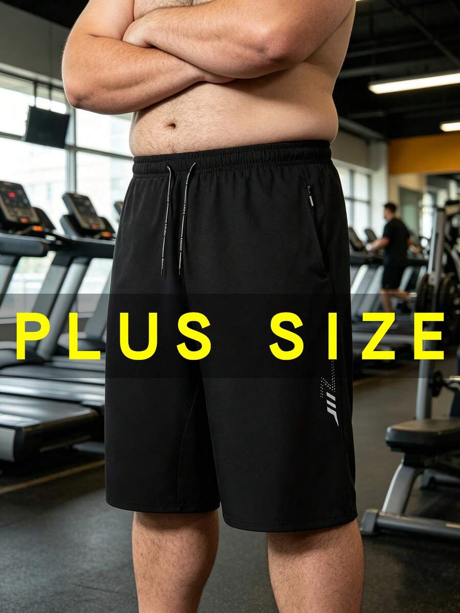 Plus Size Men's 7-Inch Sports Shorts, Black Baggy Pants, Zipper Pockets, Elastic Waist & Lightning Print, Summer Casual