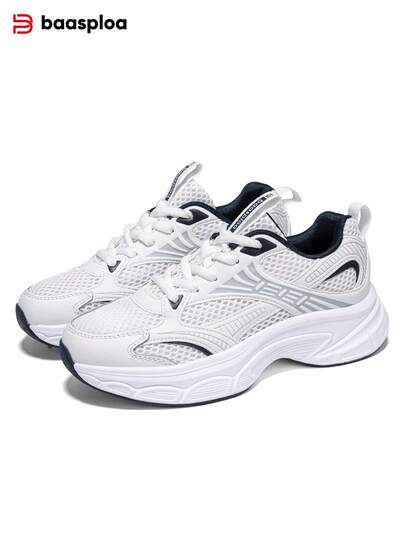 baasploa Baskets épais pour femmes, maille respirante et légère, chaussures de tennis pour femmes, chaussures de marche, chaussures de sport confortables et antidérapantes, convenant pour la course et la fitness toute l'année, disponibles en trois couleurs : beige, blanc et gris argent.
