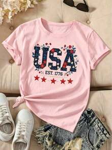 Women's American Patriotic T-Shirt With Vintage 1776 Design - Casual Red Short Sleeve Crew Neck Top With Stars And Stripes Design, All-Season Comfort, Machine Washable, Sizes S-XXL, American Flag T-Shirt - 粉色 - 查看 5