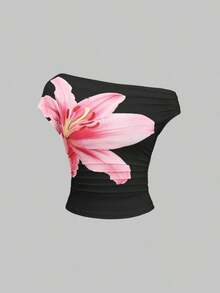 Blusa elegante de mujer con estampado floral y cuello asimétrico fruncido - Negro - Ver 7