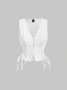 Parte superior de tirantes cruzados con botones de color rojo para mujer, ideal para el verano - Blanco - Ver 5