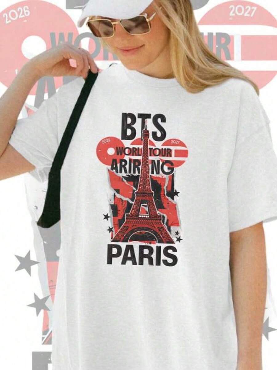 Camiseta Paris Arirang World Tour, merchandising estético OT7, camiseta de manga corta con cuello redondo para mujer, ajuste casual y elegante, ropa de playa casual de verano para uso diario, top con tela ligeramente elástica. Playera Blanca Hombre Y Mujer Blusas Casuales Verano Y2k Playeras Basicas Algodón - Blanco - Ver 1