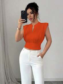 Nueva camiseta sin mangas ajustada para mujer con cuello alto de punto, media cremallera frontal y estilo informal - Naranja - Ver 8